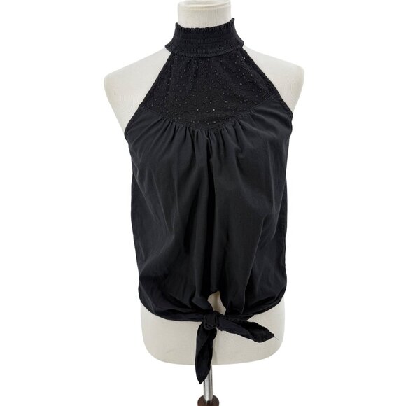 Red Haute Tops - Red Haute Black Halter Top With Embroidered Details & Tie Waist